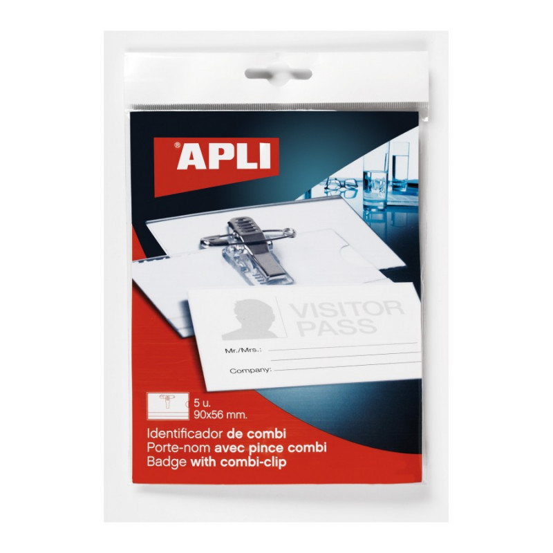 APLI - Name Badge Holder 90x56 mm Clip/Pin x5
