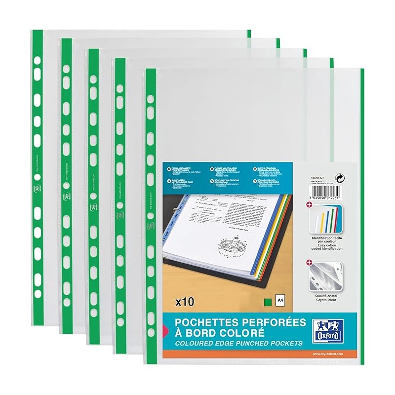 ELBA - Punched Plastic Pocket A4 Green Border x10