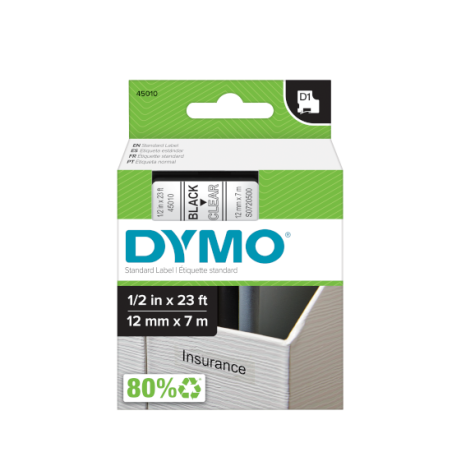 DYMO -Labelling Tape COMPATIBLE Black on Clear 12mm