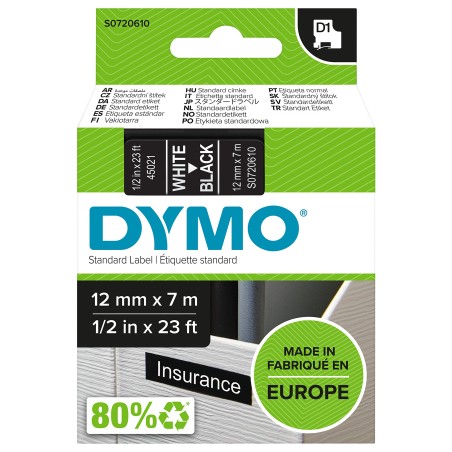 DYMO LABEL CASSETTE 12MMX7M Black on white