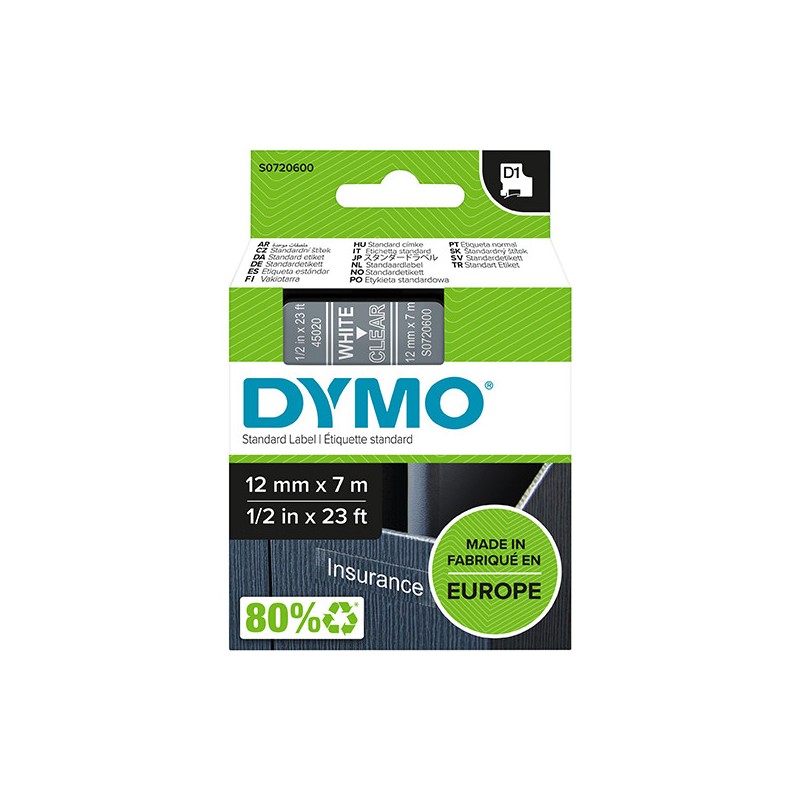 DYMO - Labelling Tape White on Clear 12mm