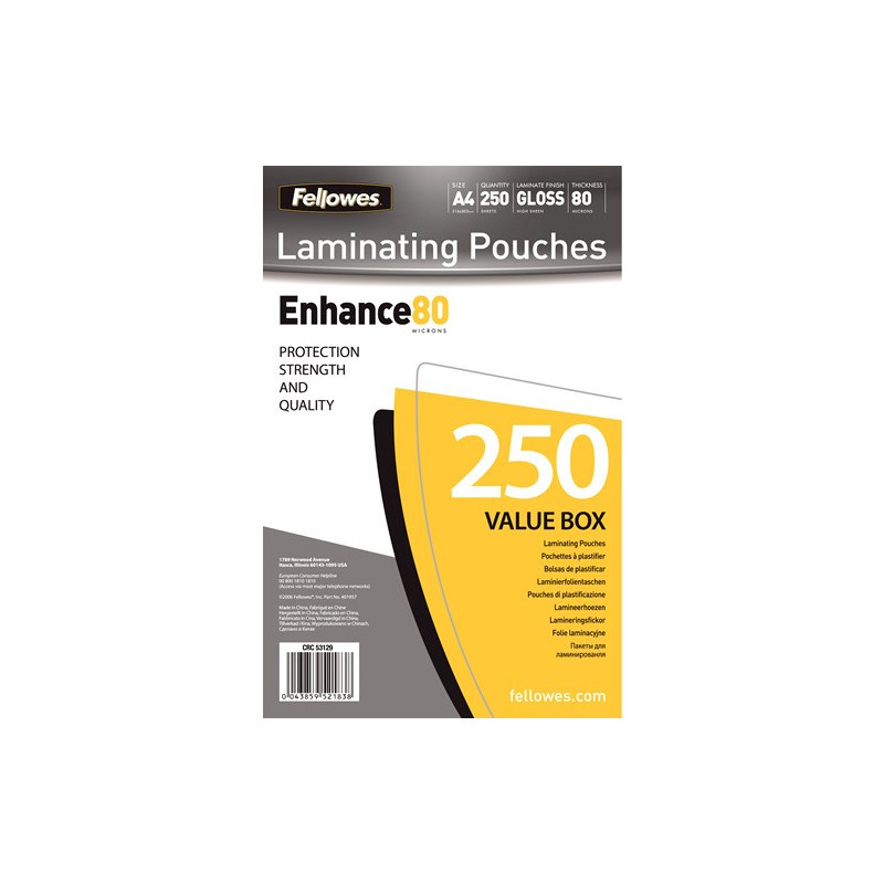 Fellowes A4 Glossy 80 Micron Laminating Pouch laminator pouch - 250 pack laminator pouch